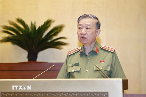 Đại tướng Tô Lâm, Bộ trưởng Bộ Công an trả lời chất vấn. (Ảnh: Doãn Tấn/TTXVN)