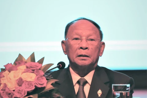 Chủ tịch Quốc hội Vương quốc Campuchia Samdech Heng Samrin phát biểu tại lễ kỷ niệm 77 năm Quốc khánh Việt Nam (2/9/1945-2/9/2022) diễn ra tại khách sạn Sofitel ở thủ đô Phnom Penh. (Ảnh: Huỳnh Thảo/PV TTXVN tại Campuchia)