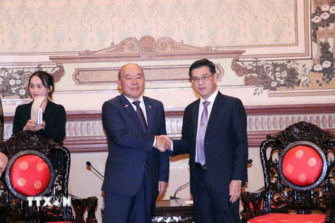 Ông Nguyễn Văn Dũng (phải), Phó Chủ tịch Hội đồng Nhân dân Thành phố Hồ Chí Minh và ông Hang Chang Hwa, Hội đồng tỉnh Gyeongsangbuk của Hàn Quốc tại buổi tiếp. (Ảnh: Xuân Khu/TTXVN)