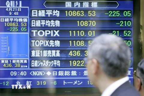 Màn hình hiển thị các chỉ số chứng khoán tại Tokyo của Nhật Bản trong một phiên giao dịch. (Ảnh: Kyodo/TTXVN)