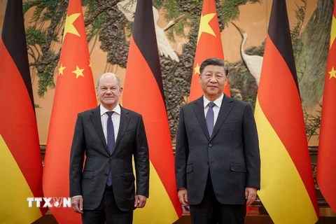 Chủ tịch Trung Quốc Tập Cận Bình (phải) trong cuộc gặp Thủ tướng Đức Olaf Scholz tại Bắc Kinh, ngày 4/11 vừa qua. (Ảnh: AFP/TTXVN)