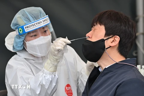 Nhân viên y tế lấy mẫu xét nghiệm COVID-19 cho người dân tại Seoul của Hàn Quốc. (Ảnh: AFP/TTXVN)