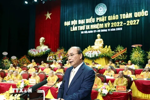 Chủ tịch nước Nguyễn Xuân Phúc phát biểu chúc mừng và chỉ đạo đại hội. (Ảnh: Thống Nhất/TTXVN)