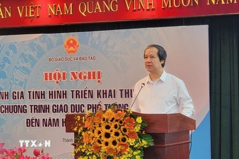 Bộ trưởng Bộ Giáo dục và Đào tạo Nguyễn Kim Sơn phát biểu tại Hội nghị. (Ảnh: Thu Hoài/TTXVN)