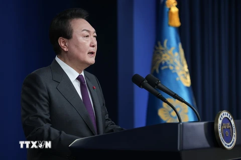 Tổng thống Hàn Quốc Yoon Suk-yeol trong bài phát biểu chúc mừng Năm mới, tại Seoul ngày 1/1/2023. (Ảnh: Yonhap/TTXVN)