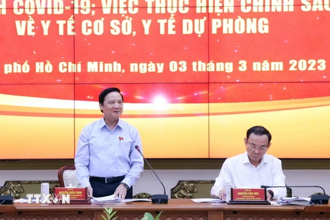 Ông Nguyễn Khắc Định, Phó Chủ tịch Quốc hội làm Trưởng đoàn giám sát chuyên đề của Quốc hội làm việc tại UBND Thành phố Hồ Chí Minh. (Ảnh: Xuân Khu/TTXVN)