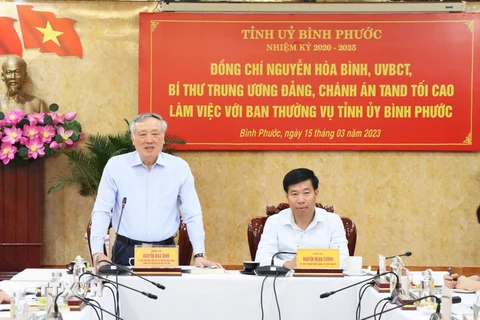 Chánh án Tòa án Nhân dân Tối cao Nguyễn Hòa Bình phát biểu chỉ đạo buổi làm việc. (Ảnh: Đậu Tất Thành/TTXVN)