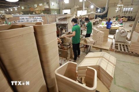 Sản xuất gỗ ván ép cong xuất khẩu tại nhà máy của Công ty TNHH Gỗ ván ép Nhật Nam, xã An Điền, huyện Bến Cát, tỉnh Bình Dương. (Ảnh: Vũ Sinh/TTXVN)
