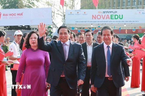 Thủ tướng Phạm Minh Chính phát biểu tại lễ khai mạc Ngày hội Khởi nghiệp quốc gia của học sinh, sinh viên lần thứ V. (Ảnh: Dương Giang/TTXVN)