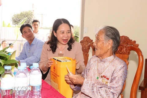 Phó Chủ tịch nước Võ Thị Ánh Xuân thăm và tặng quà Mẹ Việt Nam Anh hùng Ung Thị Nừng. (Ảnh: Huyền Trang/TTXVN)