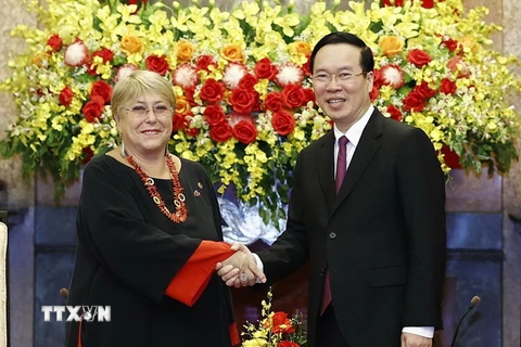 Chủ tịch nước Võ Văn Thưởng tiếp cựu Tổng thống Chile Michelle Bachelet. (Ảnh: Thống Nhất/TTXVN)