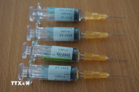 Bốn lọ vaccine Hexaxim có hạn sử dụng tháng 3/2023 đã được tiêm cho trẻ. (Ảnh: Hoa Mai/TTXVN)