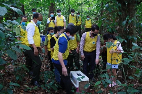 Ông Nguyễn Văn Chính (đứng ngoài cùng bên trái), Giám đốc Vườn Quốc gia Cúc Phương, dẫn đoàn tham gia hoạt động thả động vật về rừng. (Ảnh: VQG Cúc Phương)
