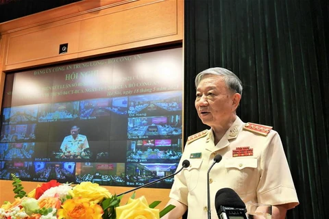 Bộ trưởng Tô Lâm phát biểu tại Hội nghị. (Nguồn: Cổng thông tin Điện tử Bộ Công an)