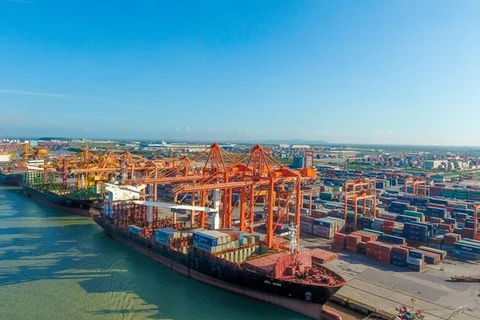 Xếp dỡ hàng hóa container tại một cảng biển Việt Nam. (Ảnh: CTV/Vietnam+) 