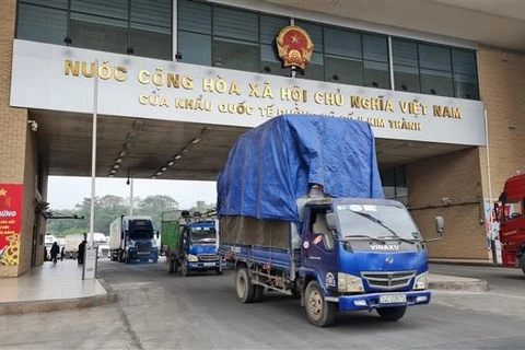 Những lô hàng xuất khẩu đầu tiên qua cửa khẩu quốc tế Lào Cai. (Ảnh: Hương Thu/TTXVN)