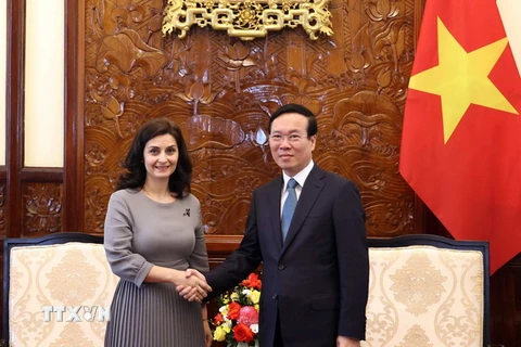 Chủ tịch nước Võ Văn Thưởng tiếp Đại sứ Cộng hòa Bulgaria tại Việt Nam Marinela Petkova đến chào từ biệt, kết thúc nhiệm kỳ công tác tại Việt Nam. (Ảnh: Thống Nhất/TTXVN)