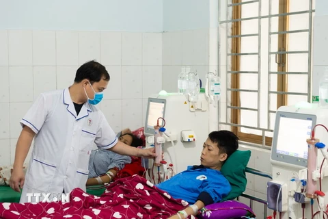 Những bệnh nhân điều trị chạy thận tại Bệnh viện Đa khoa khu vực Bắc Quang được giảm tải áp lực kinh tế nhờ các chính sách hỗ trợ bảo hiểm y tế. (Ảnh: Nam Thái/TTXVN)