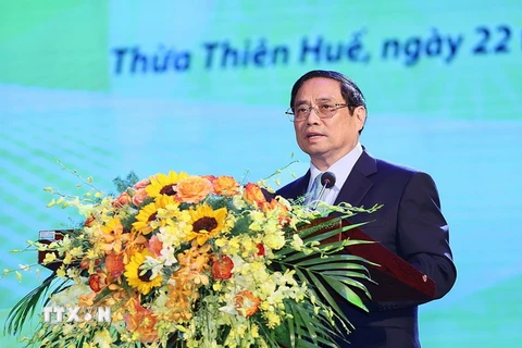 Thủ tướng Phạm Minh Chính phát biểu tại Hội nghị Biểu dương Người có công với Cách mạng Tiêu biểu Toàn quốc năm 2023. (Ảnh: Dương Giang/TTXVN)