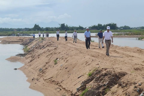 Một doanh nghiệp khai thác cát ở xã Hòa An, huyện Phú Hòa, tỉnh Phú Yên, lấp sông để làm đường vận chuyển cát. (Nguồn: Báo Phú Yên)