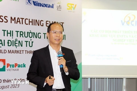 Ông Nguyễn Hữu Nam, Phó Giám đốc VCCI, chi nhánh tại Thành phố Hồ Chí Minh giới thiệu cơ hội phát triển thị trường xuất khẩu từ Hiệp định Thương mại Tự do tại hội thảo. (Ảnh: Mỹ Phương/TTXVN)