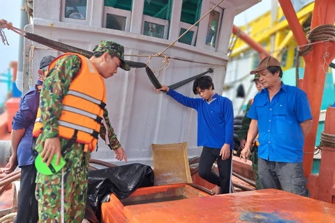 Tổ công tác Bộ đội Biên phòng tỉnh Kiên Giang kiểm tra một tàu vận chuyển trái phép dầu DO. (Ảnh minh họa: TTXVN phát)