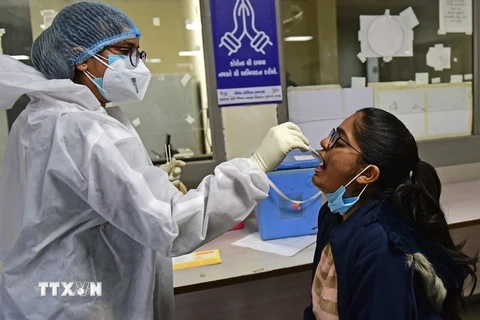 Nhân viên y tế lấy mẫu xét nghiệm COVID-19 cho người dân tại Ahmedabad, Ấn Độ. (Ảnh: AFP/TTXVN)