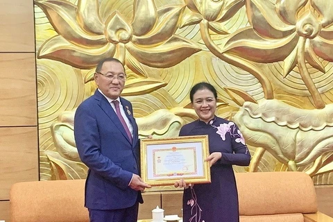 Chủ tịch Liên hiệp các tổ chức Hữu nghị Việt Nam Nguyễn Phương Nga trao Kỷ niệm chương 'Vì hòa bình, hữu nghị giữa các dân tộc" cho Đại sứ Yerlan Baizhanov. (Nguồn: Báo Quốc tế)