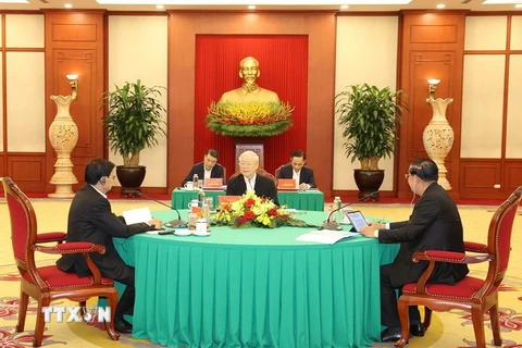 Tổng Bí thư Nguyễn Phú Trọng phát biểu tại cuộc gặp. (Ảnh: Trí Dũng/TTXVN)