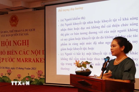Bà Phạm Thị Kim Oanh, Phó Cục trưởng Cục Bản quyền tác giả phát biểu tại Hội nghị. (Ảnh: Thu Hương/TTXVN)