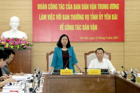 Bí thư Trung ương Đảng, Trưởng Ban Dân vận Trung ương Bùi Thị Minh Hoài phát biểu tại buổi làm việc với Ban Thường vụ Tỉnh ủy Yên Bái. (Ảnh: Việt Dũng/TTXVN)