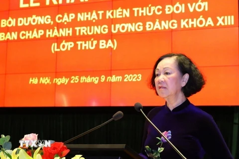 Ủy viên Bộ Chính trị, Thường trực Ban Bí thư, Trưởng ban Tổ chức Trung ương Trương Thị Mai phát biểu chỉ đạo. (Ảnh: Văn Điệp/TTXVN)