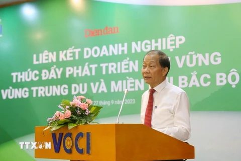 Ông Hoàng Quang Phòng, Phó Chủ tịch Liên đoàn Thương mại và Công nghiệp Việt Nam phát biểu. (Ảnh: Tuấn Đức/TTXVN)