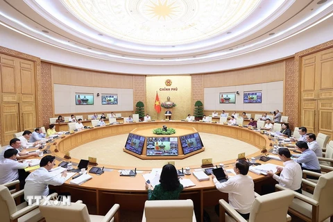 Phiên họp Chính phủ thường kỳ tháng 9/2023 và Hội nghị trực tuyến Chính phủ với địa phương tại điểm cầu Trụ sở Chính phủ. (Ảnh: Dương Giang/TTXVN)
