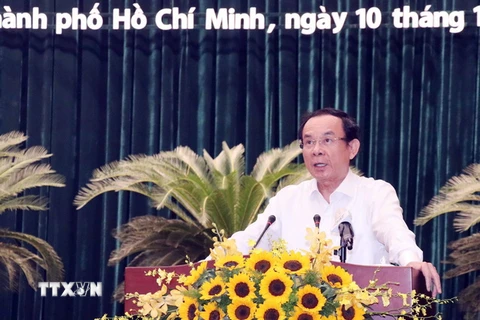 Ủy viên Bộ Chính trị, Bí thư Thành ủy Thành phố Hồ Chí Minh Nguyễn Văn Nên chủ trì Hội nghị. (Ảnh: Xuân Khu/TTXVN)