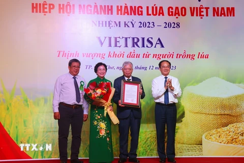 Thứ trưởng Bộ Nội vụ Vũ Chiến Thắng (phải) trao quyết định thành lập Hiệp hội Ngành hàng lúa gạo Việt Nam cho đại diện Hiệp hội. (Ảnh: Thu Hiền/TTXVN)