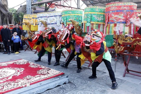 Màn múa sư tử Mèo trước cửa đền Kỳ Cùng, tỉnh lạng Sơn. (Ảnh: Anh Tuấn/TTXVN)