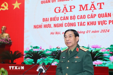 Đại tướng Phan Văn Giang, Ủy viên Bộ Chính trị, Phó Bí thư Quân ủy Trung ương, Bộ trưởng Bộ Quốc phòng phát biểu. (Ảnh: Trọng Đức/TTXVN)
