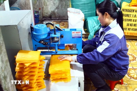 Người dân dùng máy cắt bánh tráng Tân An để đóng gói sản phẩm. (Ảnh: Tá Chuyên/TTXVN)