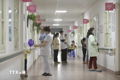 Tại Khoa Nhi và đơn nguyên Sơ sinh, Bệnh viện Thanh Nhàn, những ngày gần đây, Khoa đã tiếp nhận nhiều trẻ bị viêm phổi, viêm phế quản; đa số là trẻ nhỏ. (Ảnh: Minh Quyết/TTXVN)