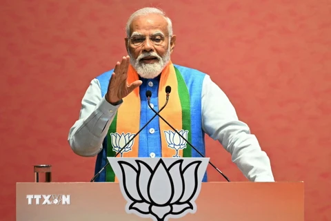 Thủ tướng Ấn Độ Narendra Modi phát biểu tại trụ sở của đảng Bharatiya Janata (BJP) ở New Delhi ngày 14/4. (Ảnh: AFP/TTXVN)