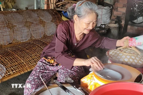 Bà Dương Thị Ốm, trú tại xã An Ngãi, huyện Long Điền, được hỗ trợ lò tráng bánh tráng bằng điện từ Chương trình hỗ trợ ngành nghề nông thôn của tỉnh Bà Rịa-Vũng Tàu. (Ảnh: Hoàng Nhị/TTXVN)