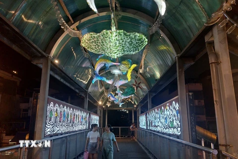 Cầu đi bộ Trần Nhật Duật được biến hóa thành không gian nghệ thuật ánh sáng. (Ảnh: Đinh Thuận/TTXVN)