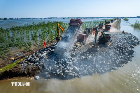 Lực lượng cứu hộ làm việc tại hiện trường vụ vỡ đê hồ Động Đình ở tỉnh Hồ Nam, miền Trung Trung Quốc ngày 6/7 vừa qua. (Ảnh: THX/TTXVN)