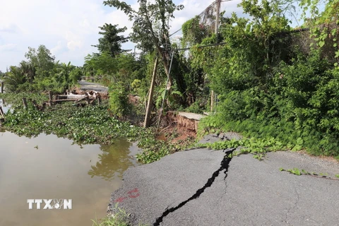 Hiện trạng khu vực sạt lở nguy hiểm ở bờ sông Ba Rày, tỉnh Tiền Giang. (Ảnh: Minh Trí/TTXVN)
