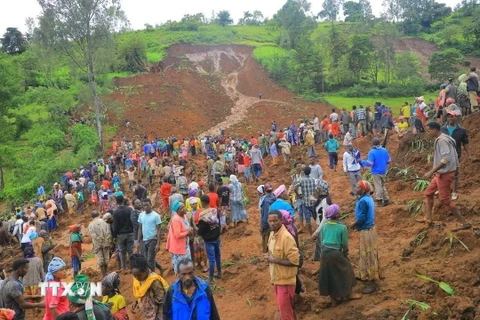 Người dân tập trung tại hiện trường vụ lở đất ở huyện Gofa, miền Nam Ethiopia ngày 22/7 vừa qua. (Ảnh: THX/TTXVN)