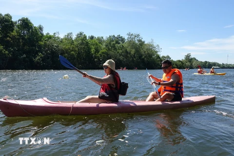 Du khách quốc tế chèo thuyền Kayak trên sông Cửa Cạn, thành phố Phú Quốc, tỉnh Kiên Giang. (Ảnh: Lê Huy Hải/TTXVN)