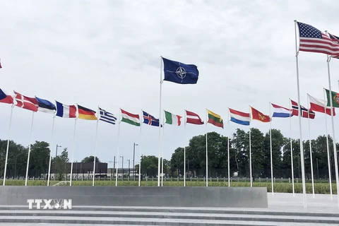 Cờ NATO và quốc kỳ các quốc gia thành viên tại trụ sở ở Brussels, Bỉ. (Ảnh: Kyodo/TTXVN)