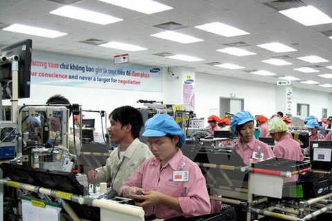 Dây chuyền sản xuất điện thoại tại nhà máy của công ty Samsung Electronics Việt Nam tại Thái Nguyên. (Ảnh minh họa: Danh Lam/TTXVN)