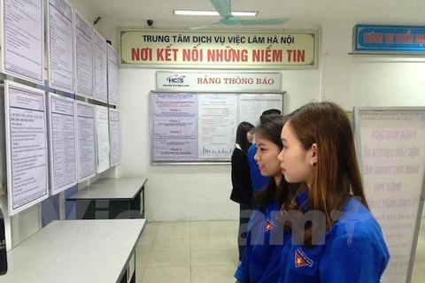 Thanh niên đến tìm việc tại Trung tâm Dịch vụ việc làm Hà Nội.(Ảnh: PV/Vietnam+)